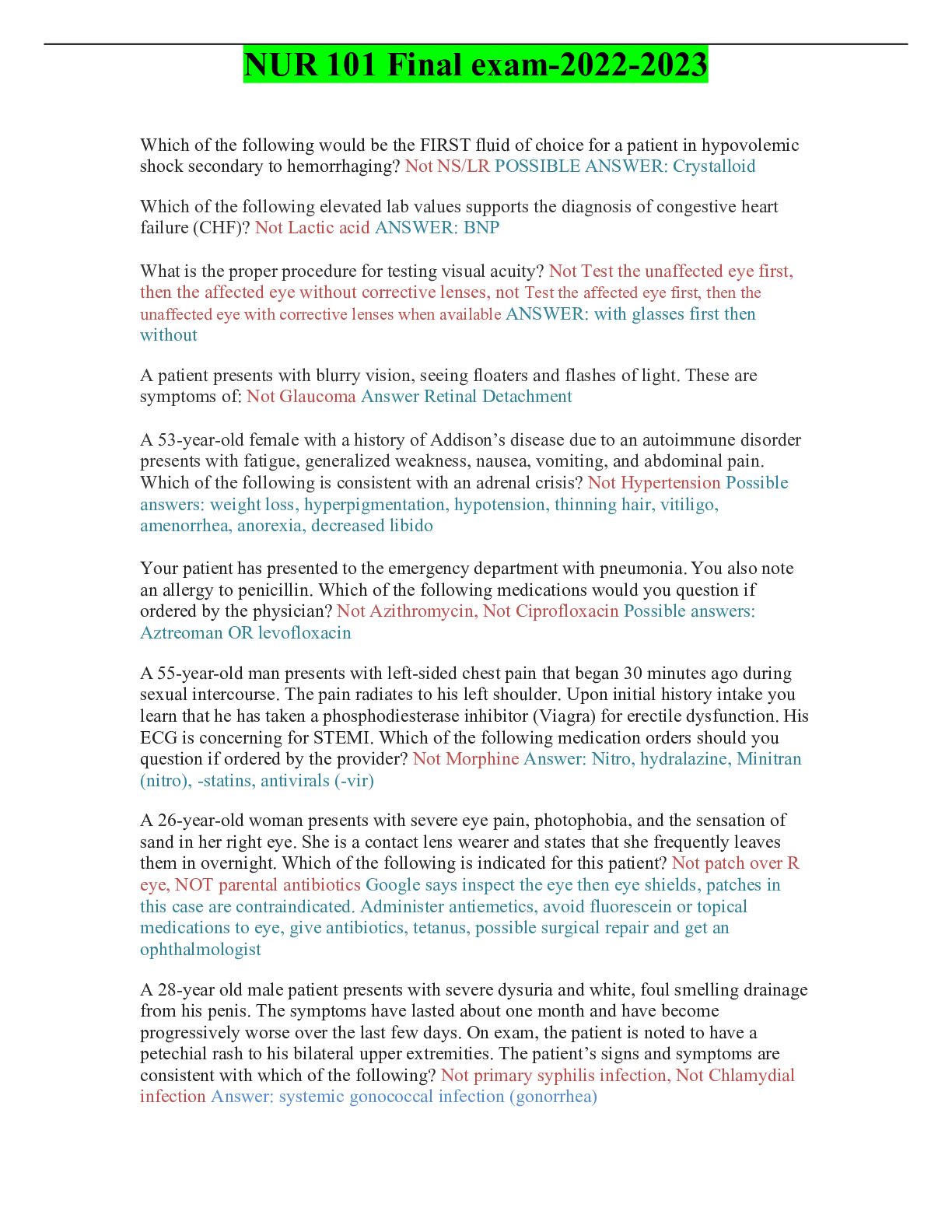 Preview image of NUR 101 Final exam-2022-2023 document
